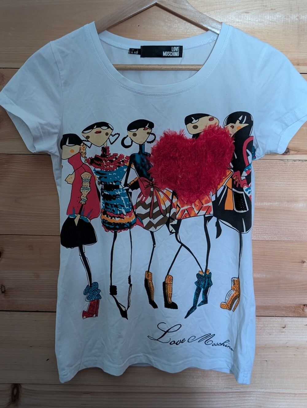 Love Moschino White Tee with Red Fuzzy Heart Graphic *nwot *s/m